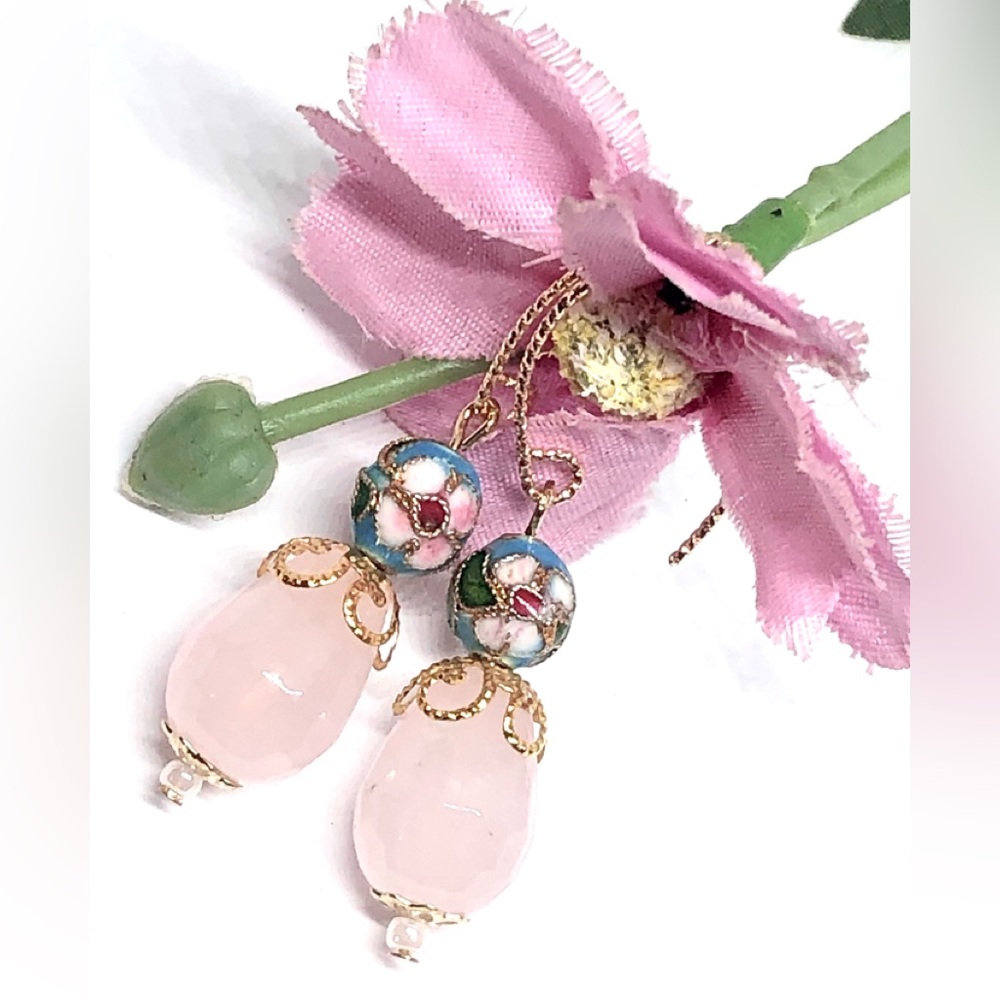 Rose Quartz Teardrop Sky Blue and Pink Floral Cloisonne Earrings Fancy GP Hooks